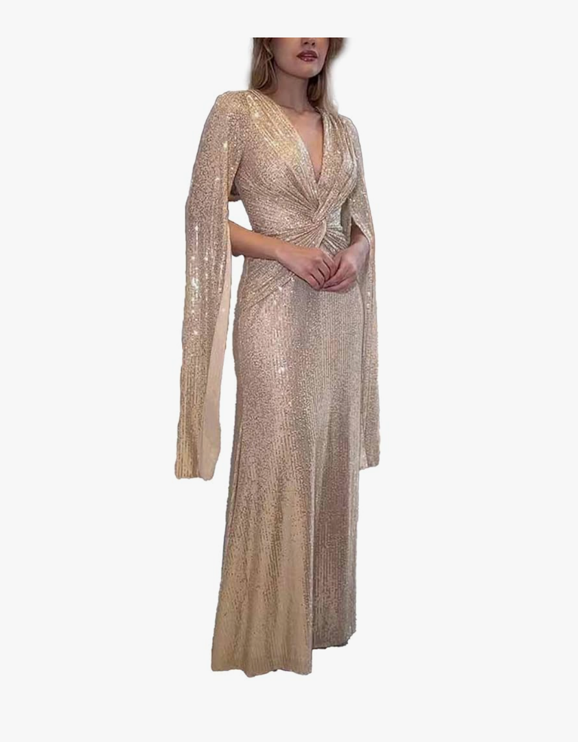 xxxiticat Women's Sequin Prom Dress Long Cape Sleeve V Neck Front Twist Knot Evening Party Wedding Slit Maxi Gown Dresses ,Size L
