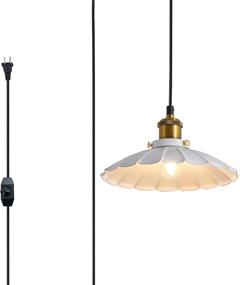 Plug in Pendant Light Industrial 9.8 Inch White Lampshade Kitchen Island On/Off Switch Hanging Lamp Plug in Adjustable 14Ft Cord Hanging Lights for Bedroom and Living Room