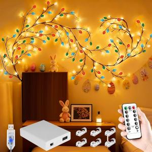 FNHMSL Easter Egg Enchanted Willow Vine Lights, 7.55FT 144LED 4 Color Easter Egg Tree Branch Lights for Wall, Remote Timer,8 Light Model, Bedroom Wall Doors Wedding, Christmas, USB Battery Box