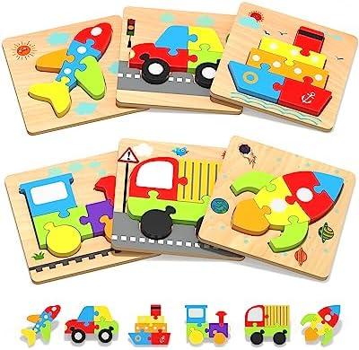 Yetonamr Wooden Toddler Puzzles Gifts Toys for 1 2 3 Years Old Boys Girls, 5 Vehicle Shape Montessori Toys Educational Blocks Kids Gift Baby Learning Toy Age 1-3, 2-4