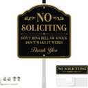 T&R Large No Soliciting Sign for House with 54" Stake - 12"x12" .040 Rust Free Aluminum, Reflective, Waterproof, Weatherproof and Fade Resistant, 2 pre-drilled holes,Includes Matching Screws & Wrench, Easy to Mount(Gold A)