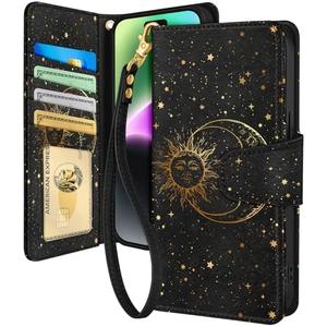 Toycamp for iPhone 14 Wallet Case with Wrist Strap - Leather Flip Folio Phone Case with RFID Blocking 4 Card Holder for Apple for iPhone 14 Funda Cute Aesthetic for Women Ladies, Sun and Moon