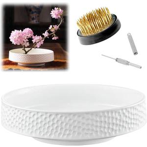 Japanese Ikebana Vase Kit, Flower Shallow Container Ceramics Flower Bowl Ikebana Vase with 1.57inch Flower Frog and Floral Frog Floristry Kenzan Needle Straightening Tool (White Hammer Pattern)