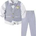 Volunboy Baby Boy Formal Prom Striped Pants Set Seersucker Wedding Guest Ring Bearer Outfits Gentleman Dress Shirt Summer Beach Bowtie Vest Suits (Navy, 2-3T)