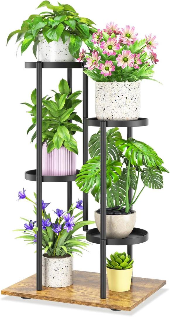 iDavosic.ly 4 Tier Plant Stand Indoor Outdoor, Tiered Corner Multiple Flower Pot Holder Shelf, Metal 30 Inch Tall Display Rack for Patio Porch Living Room Garden Balcony, Modern Black & Rustic Brown