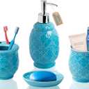 Comfify 4-Piece Bathroom Accessory Set - Ceramic Bath Set with Blue Glossy Finish - Modern Vanity Accessories Including Soap Dish, Tumbler, and Toothbrush Holder