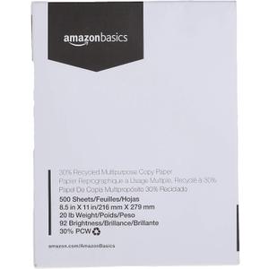 Amazon Basics 30% Recycled Multipurpose Copy Printer Paper, 8.5 x 11 Inches, 20 lb, 1 Ream, (500 Sheets), 92 Bright, White