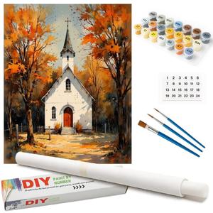 Countryside Church Paint by Numbers Kit for Adults - DIY White Chapel with Red Door in Autumn Forest Painting on Rolled Canvas 16x20 Inches, Acrylic Paint Set for Beginners, Home Wall Art or Gifts