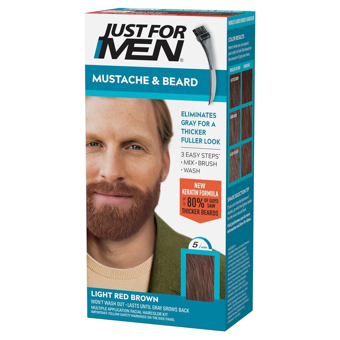 Just For Men Mustache & Beard, multiple uses Beard Dye for Men with Brush, With Keratin Biotin Aloe and Coconut Oil for Healthy Facial Hair - Light Red Brown, M-27, Pack of 1