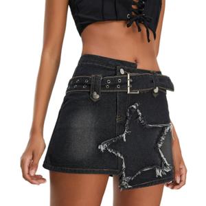 Kisidoo Women's Denim Skirt Vintage Star Patchwork Party Club Jean Skirt Casual Y2k Mini Skirt Skorts Skirts for Women (Black, XS)