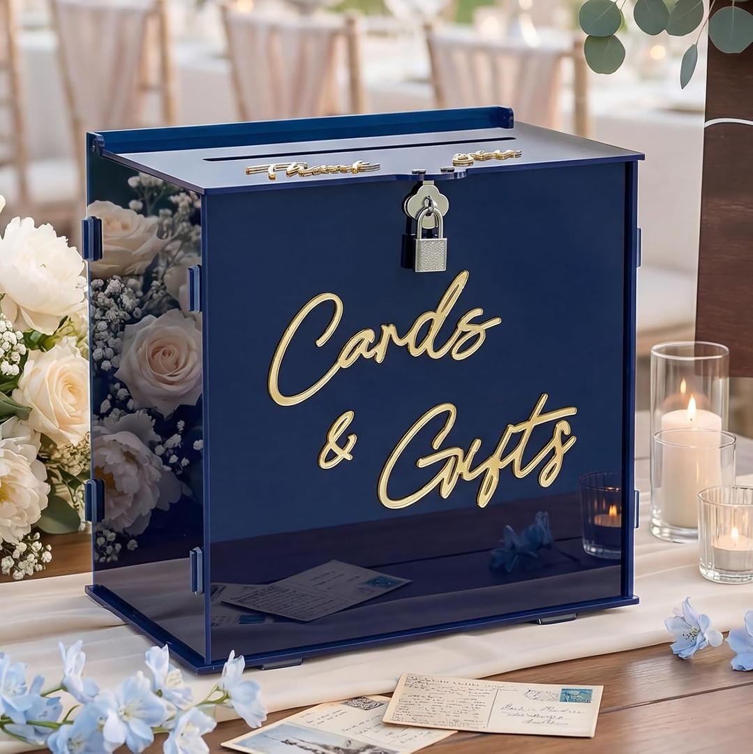 BreezeHug Navy Blue Acrylic Wedding Card Box with Slot and Lock, Money Gift Box with DIY Letters Cards Gifts/Thank You Letters, Baby Shower Graduation Birthday Party (Medium)