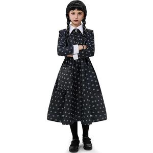 Spooktacular Creations Girls Halloween Black Costume, Black Floral Print Dress with Wig and Stocks for Girls Kids Halloween Dress Up and Role-Playing(Large(10-12 yrs)) 3 pcs
