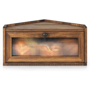 Sunhoo Bread Box for Kitchen Countertop Wooden Corner Breadbox Counter Food Storage Bin Container Farmhouse Rustic Homemade Bread Fresh Keeper Organizer Holder Vintage Stackable with Window (Brown)