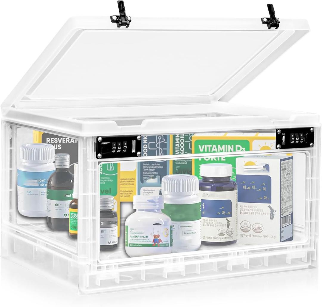 Large Medicine Lock Box with Dual 3-Digit Combination Locks, 24L Lockable Storage Box for Medication, Snacks, Phone, and Electronics - BPA-Free Organizer Bin for Home, Office, Fridge, and Safety (White)
