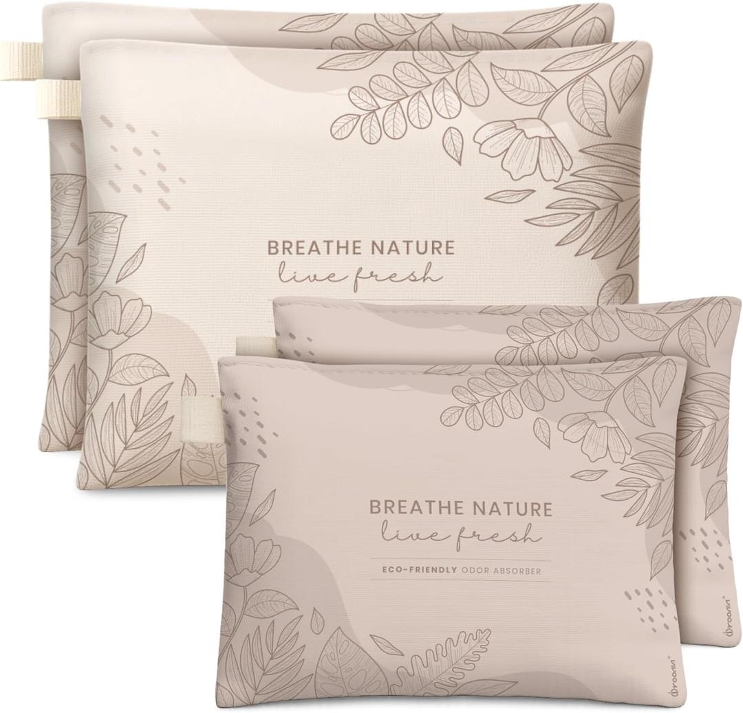 Roonin Bamboo Charcoal Bags Odor Absorber (4-Pack), Natural Air Purifier & Pet Safe Deodorizer for Home, Car and Closet - Odor Remover for Strong Smells