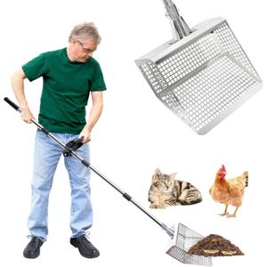 Chicken Poop Scooper 9.7 Inch Stainless Steel Sifter for Sand,Cat Litter-Chicken Coop Scooper for Sand Heavy Duty 23-62" Adjustable Sifting Shovel with Ergonomic Grip Handle for Chicken Coop Cleaning