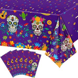 Irenare Day of The Dead Plastic Tablecloth Dia De Los Muertos Sugar Skull Table Cloth Disposable Rectangle Table Cover for Halloween Mexican Birthday Coco Party Supplies, 54 x 108 Inch(Purple,6 Pcs)