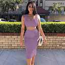 GOBLES Women's Sexy Summer Outfits Bodycon Tank Top Midi Skirt 2 Piece Dress (Purple, L)