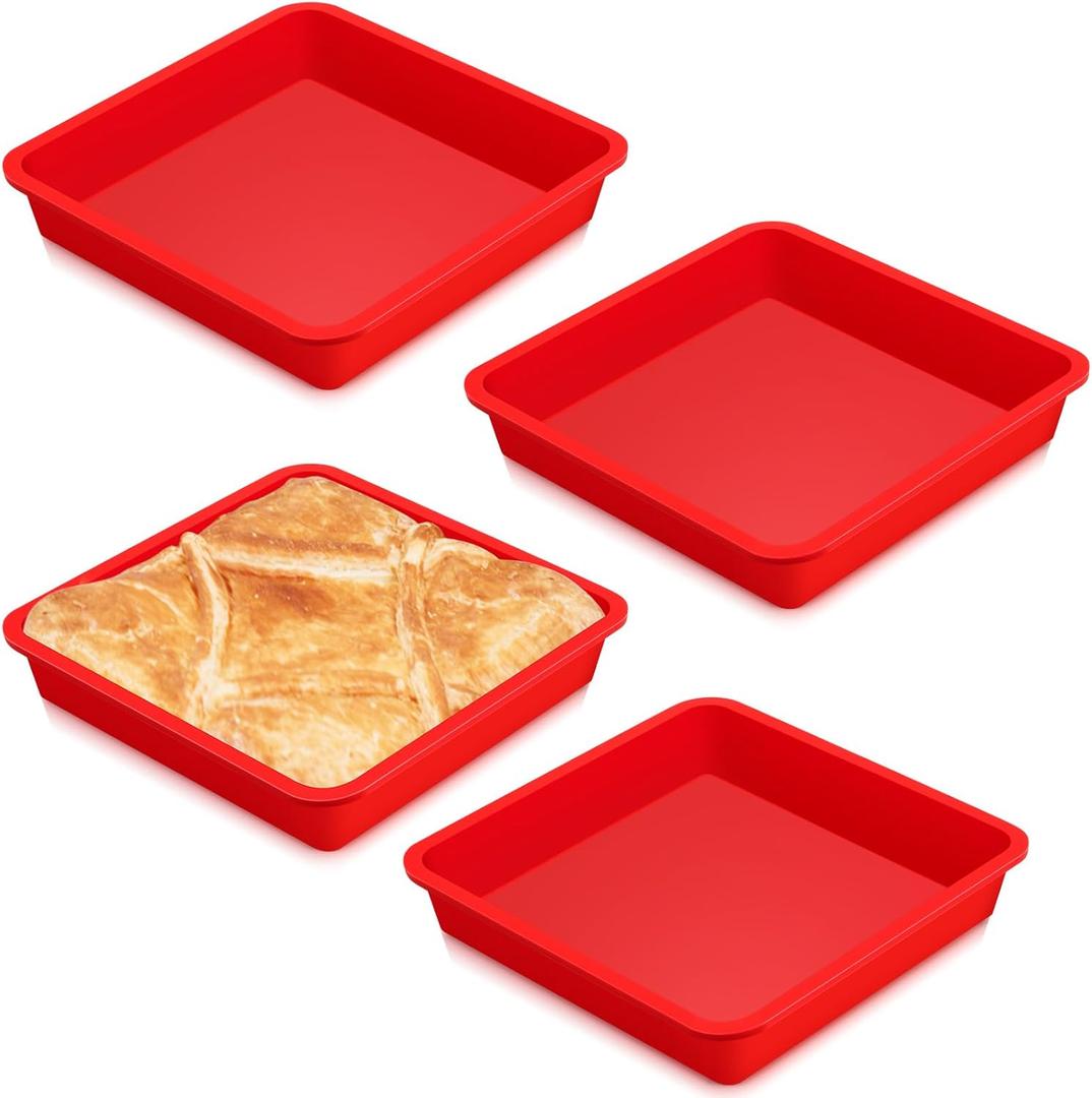 Geetery Set of 4 Silicone Square Cake Pan Silicone Brownie Pan Nonstick Baking Mold for Muffin Bread Rice Crispy Lasagna Pie, Red (8 x 8 x 1.6 Inches)