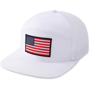 American Flag Baseball Cap, Flat Bill Brim Hat for Men Women, Patriotic Mesh Snapback Hats (White)