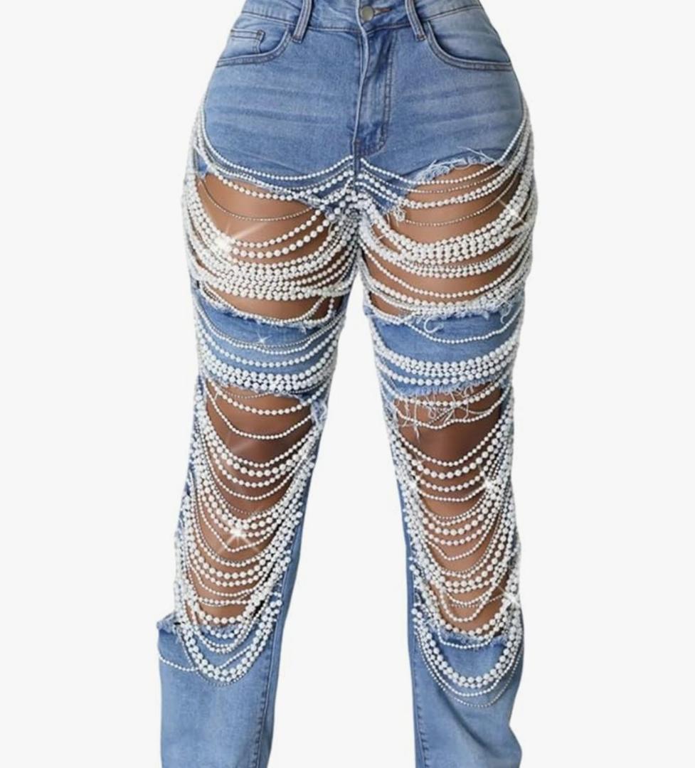 Geulis Womens Sexy Ripped Jeans High Waisted Rhinestones Pearl Chains Distressed Baggy Jeans Party Clubwear Denim Pants Small