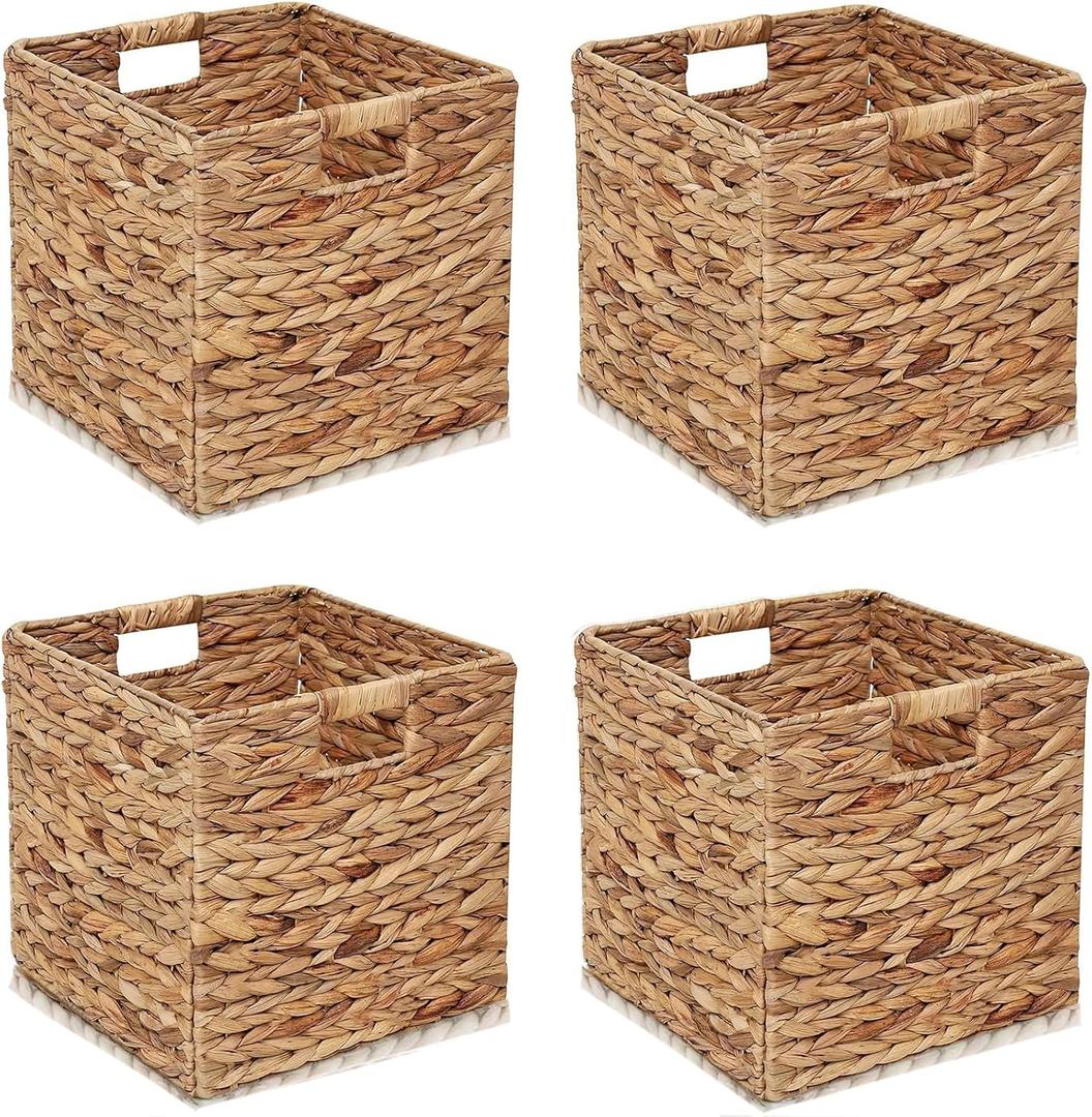 11x11in Storage Baskets Set of 4 Water Hyacinth Baskets,Foldable Handwoven Storage Cubes,Woven Baskets for Bathroom, Bedroom, Laundry, Pantry, Shelves