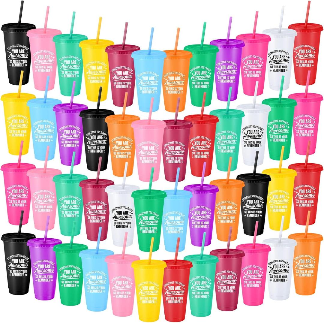 Inbagi 48 Pack Thank You Gift You Are Awesome Cup Bulk Employee Appreciation Gift 24 oz Plastic Tumbler with Lid and Straw Inspirational Reusable Tumbler End of Year Cup for Coworker Teacher Nurse