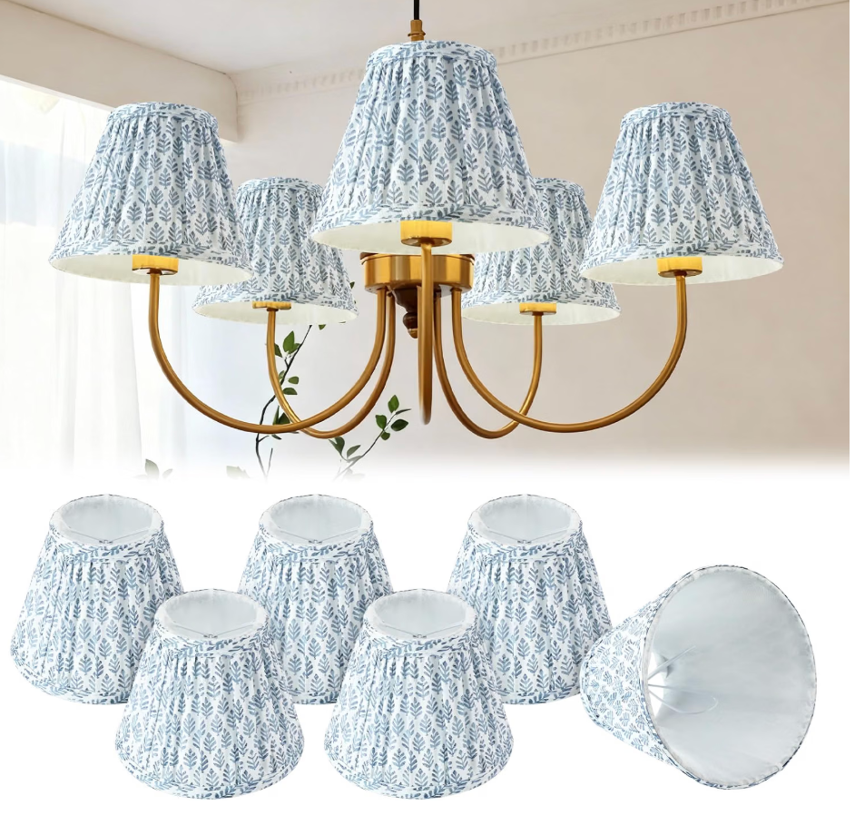 VIHOSE 6 Pcs Pleated Chandelier Lamp Shades 3" Top x 5.5" Bottom x 4.7" Slant Small Lampshades Clip on Bulb Classic Pleated Style Bulb Covers for Wall Sconces Pendant Lighting (Blue Tree)