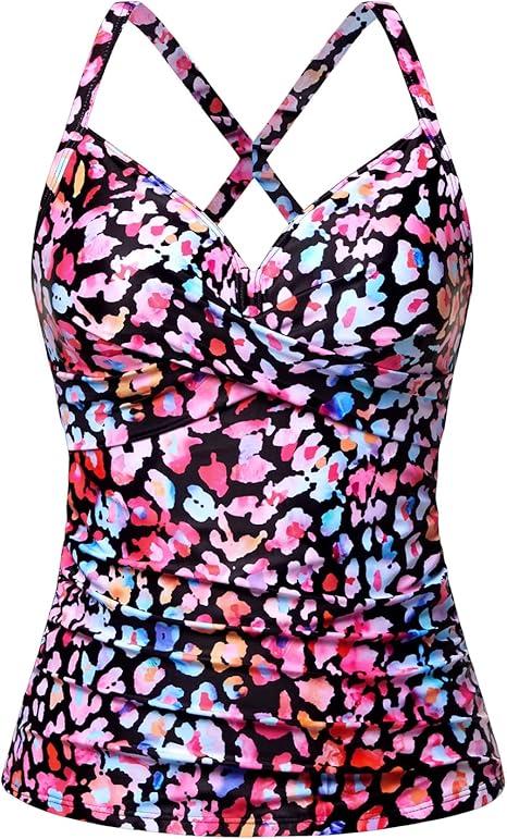Women Tankini Bathing Suit Top - Twist Front V Neck Swim Top Only Ruched Tummy Control No Bottom 2025, Small