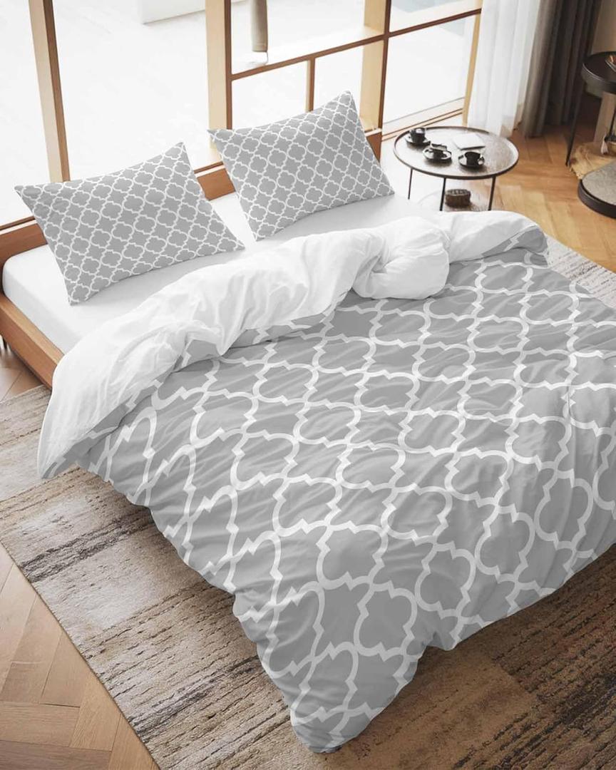 LooPoP Duvet Cover Set Queen Size Light Grey Morocco Texture Comforter Sets 3 Pieces, Geometric Bedding Set with Zipper Closure and 2 Pillow Cases, Soft Lightweight Bed Covers Bedroom Decor