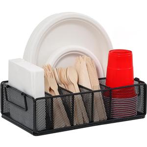 Paper Plate Dispenser with Handle, Metal Paper Plate Holders for Kitchen Counter, Utensil Holder Organizer with 6 Compartments, Silverware Holder Caddy for Cup Fork Spoon Napkin Party Camping (Black)