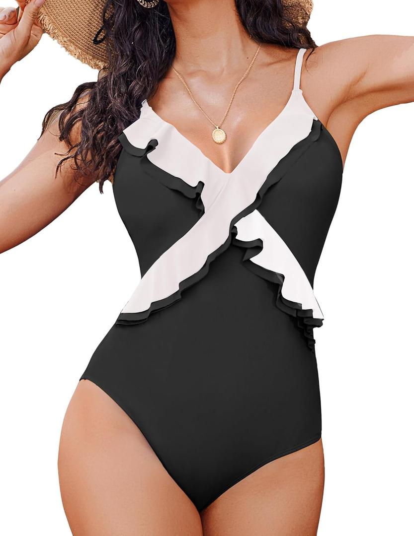 AI'MAGE One Piece Swimsuit for Women Tummy Control Ruffle Bathing Suit V Neck Push Up Swimwear S-XXL (Black/White)