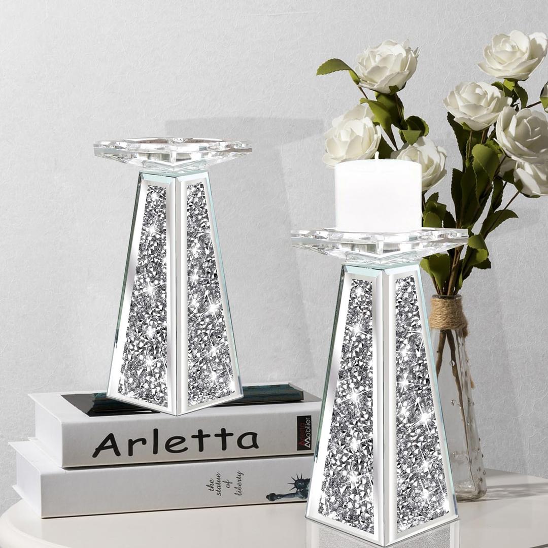 Wocred 2 Piece Candlestick Holders for Holding Pillar Candles, Crystal Crushed Diamond Candle Holders Set Decor for Dinning Room, Silver Glass Votive Candle Holders for Table Centerpiece(8)