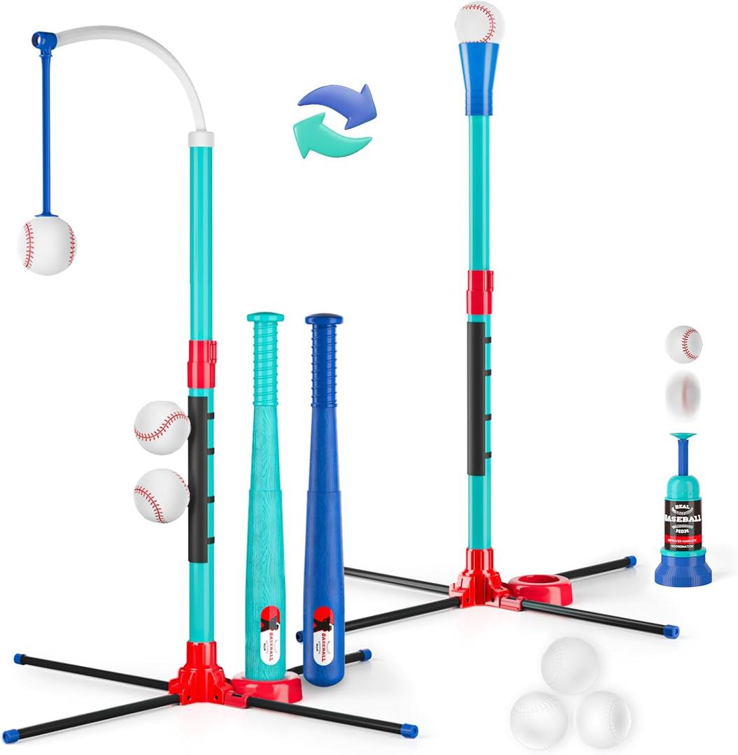 3-in-1 Baseball Set for Kids: Hanging Batting Tee + T Ball Stand Set Auto Ball Launcher for Toddlers & Youth Adjustable Height with 6 Balls 2 Bats Outdoor&Indoor Toys Sports Gifts for 3-12 Years Old (Light Green)