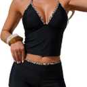 ZAFUL Women’s Tankini Swimsuits V Neck Halter Top with Boyshorts Bottom Tummy Control Two Piece Bathing Suit, Black, Large