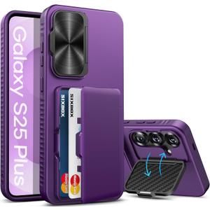 For Samsung Galaxy S25+ Plus Case, Built-in Card Holder & Stand & Lens Cover, Military Grade Drop Tested Soft Silicone Edge Rugged Protective Wallet Phone Case for S25+ Plus 6.7" 2025, Purple