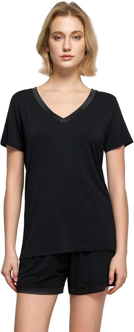 GYS Womens Pajama Sets, Short Sleeve Soft Sleepwear Tops and Shorts Pjs, Bamboo Viscose Loungewear (Small, V-neck Black)