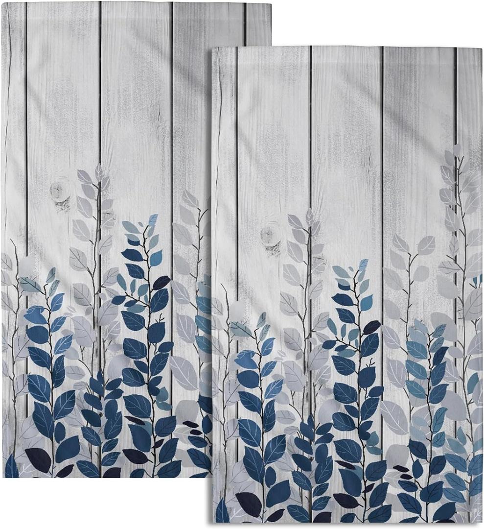 Giwawa Blue Eucalyptus Leaves Hand Towels Set of 2 Rustic Wood Soft Guest Bath Towel Kitchen Dish Towels Spa Home Bathroom Decorations