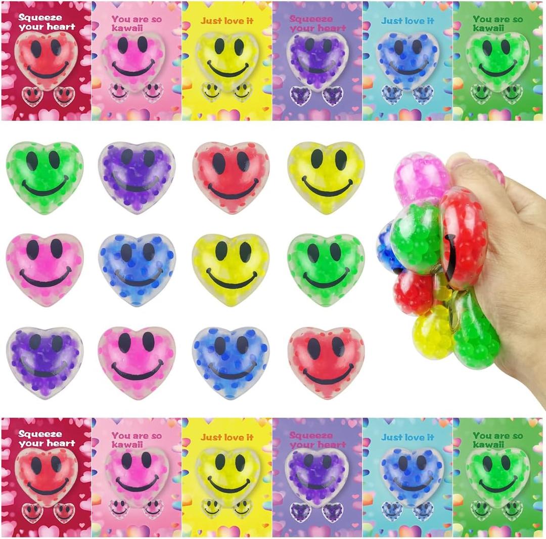 Anditoy 24 PCS Valentines Cards with Heart Squeeze Toys Stress Balls for Valentines Day School Class Classroom Gifts Prizes Party Favors
