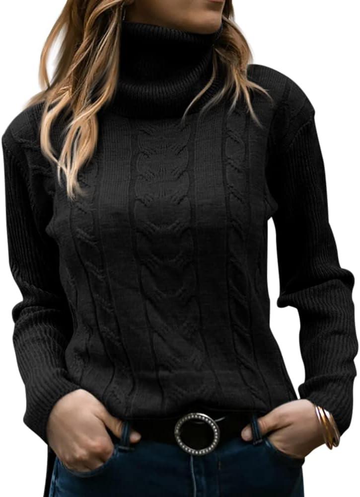 Langwyqu Womens' Turtleneck Long Sleeve Cable Knit Sweaters (Small, Black)