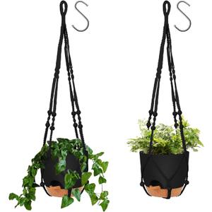 GARDIFE 8 Inch Hanging Planters with Macrame Plant Hanger for Indoor and Outdoor Plants, 2 Pack Large Self Watering Hanging Plant Pot with Basket Flower Pot with Drainage Hole, Black