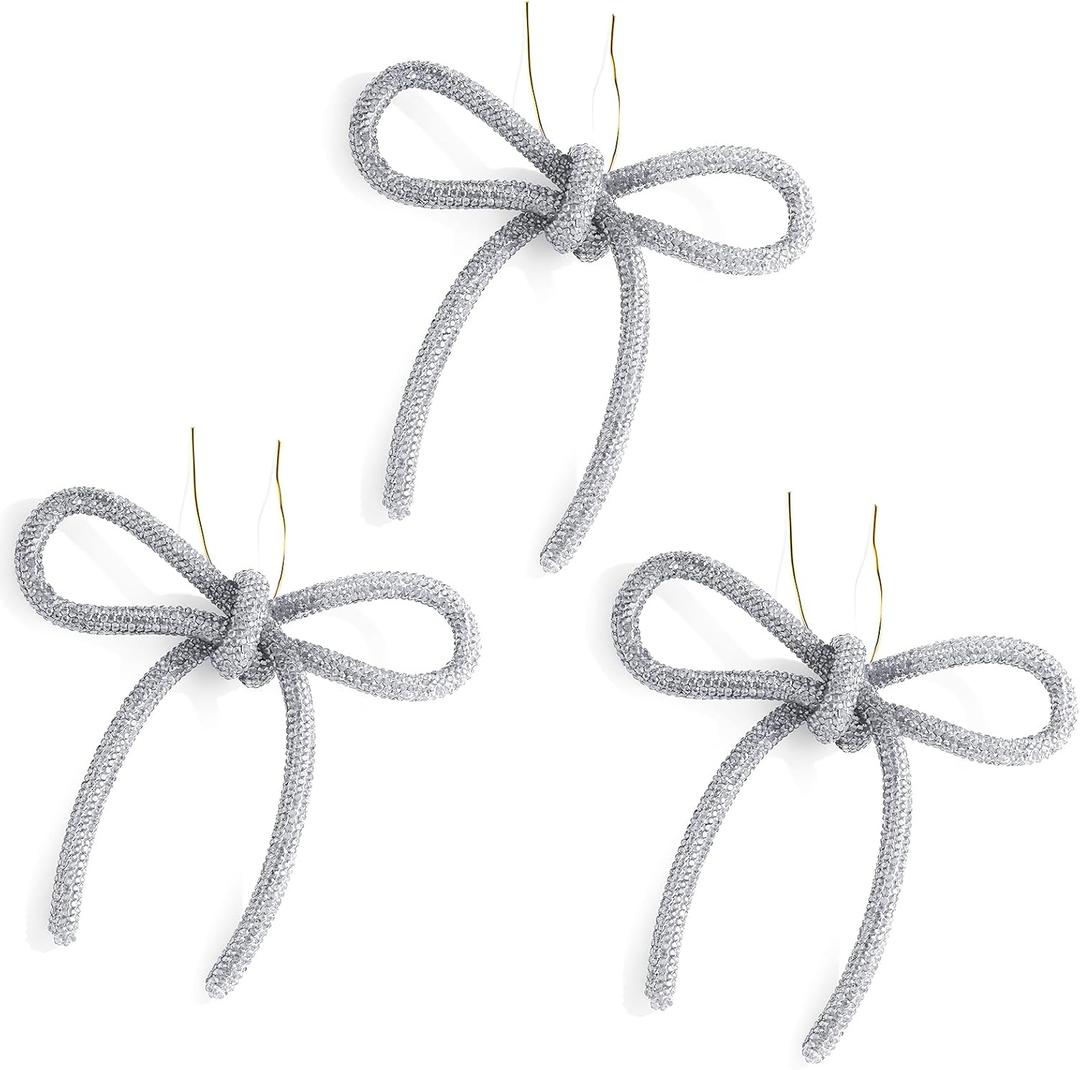 Christmas Bow Ornaments 2025, 3Pcs Silver Bow Christmas Tree Ornament, Xmas Hanging Ornaments Decoration Gift for Women Family Made with Rhinestones