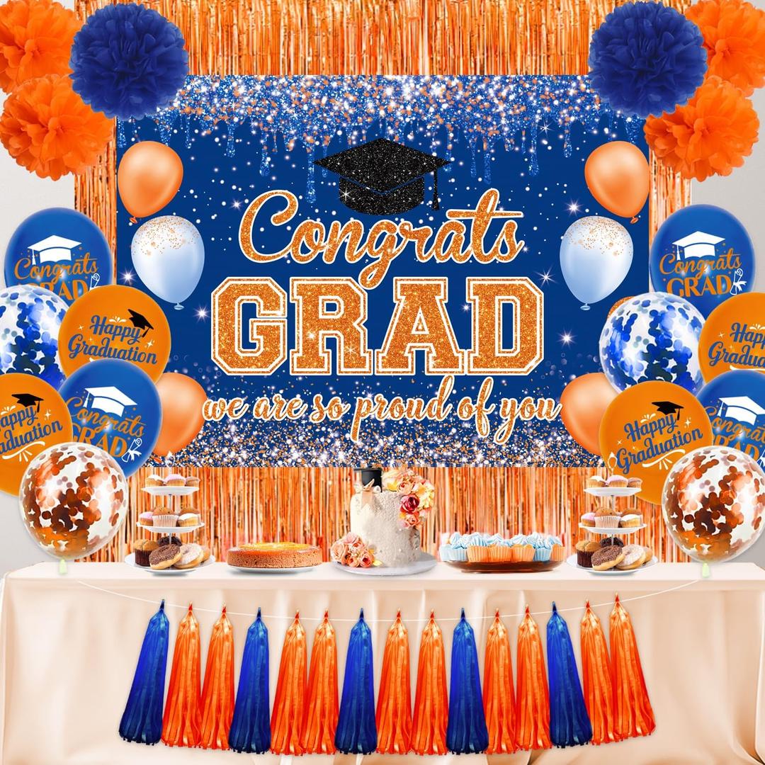 Graduation Decorations Class of 2026, Congrats Grad Backdrop, Graduation Balloons, Paper Pompoms, Paper Tassels, Foil Curtains for 2026 Graduation Party Decorations(Blue Orange)