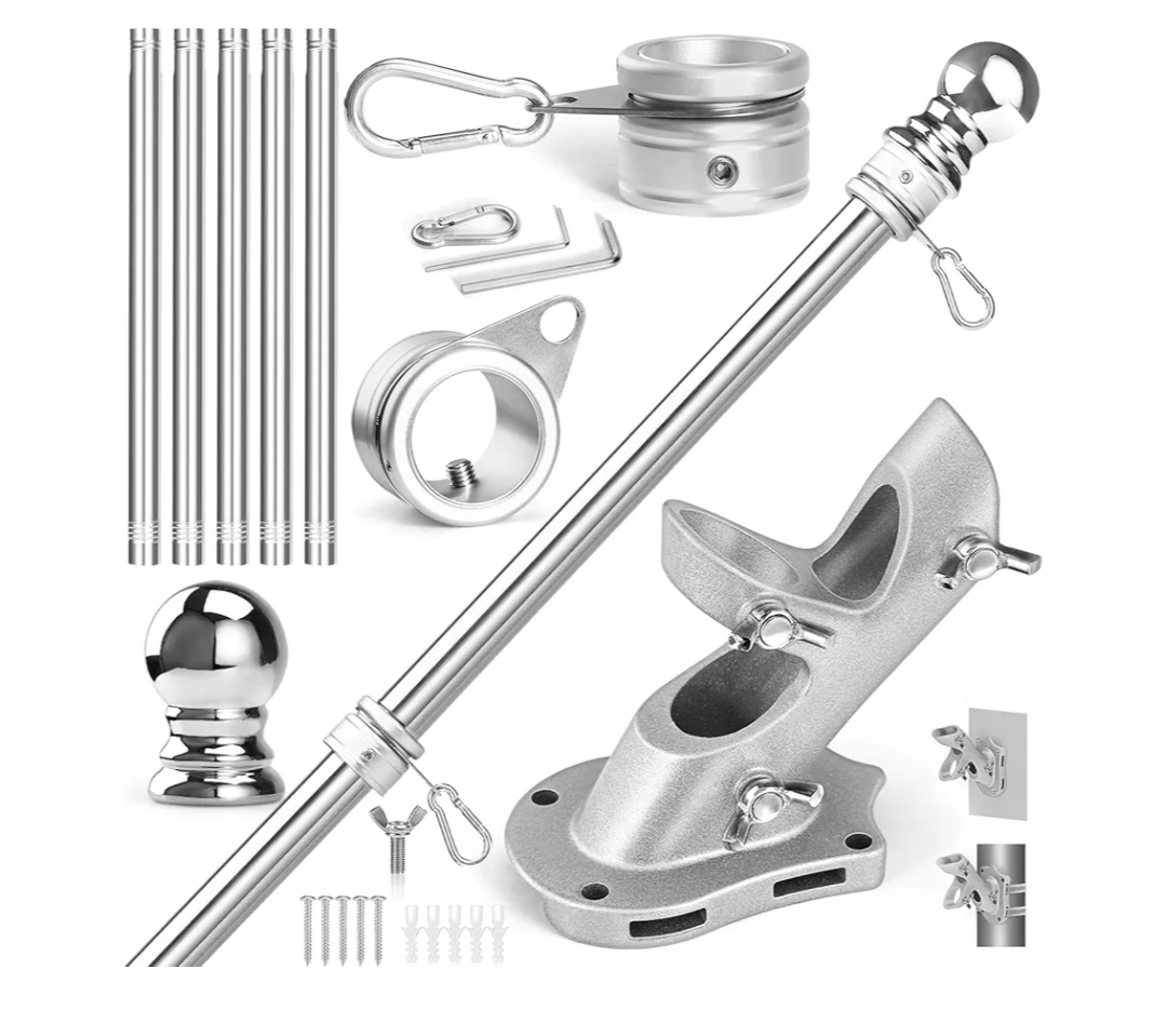 Anovo Flag Pole Kit Stainless Steel 6 FT Flag Poles with1 Inch Metal 360° Rotating Flag Pole Rings Clip, TwoPosition Flag Pole Holder Brackets Mounting for Outside House Outdoor Porch (6 FTSliver)