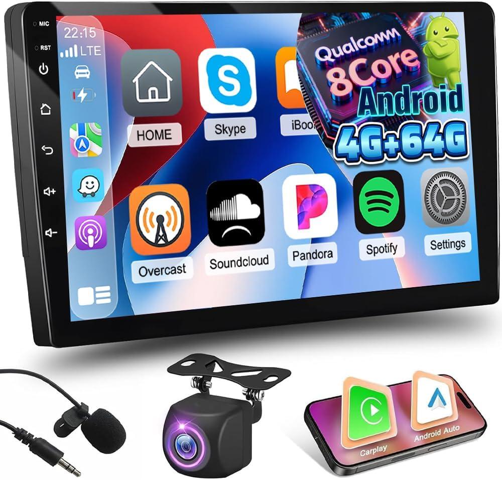 [Qualcomn 8 Core 4+64G] Double Din Android Car Radio with Wireless Carplay and Android Auto - 10 Inch 1280 * 720 Touchscreen Car Stereo - DSP/GPS Navi / 5GHz WiFi/SWC/Bluetooth + AHD Backup Camera