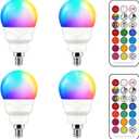 ILC E12 LED Light Bulbs (40w Equivalent) 5W, Color Changing RGB, A15 Small Base Candelabra Round Light Bulb, Candle Base, 2700K Warm White 12 Colors 2 Modes Timing with Remote Control (4 Pack)