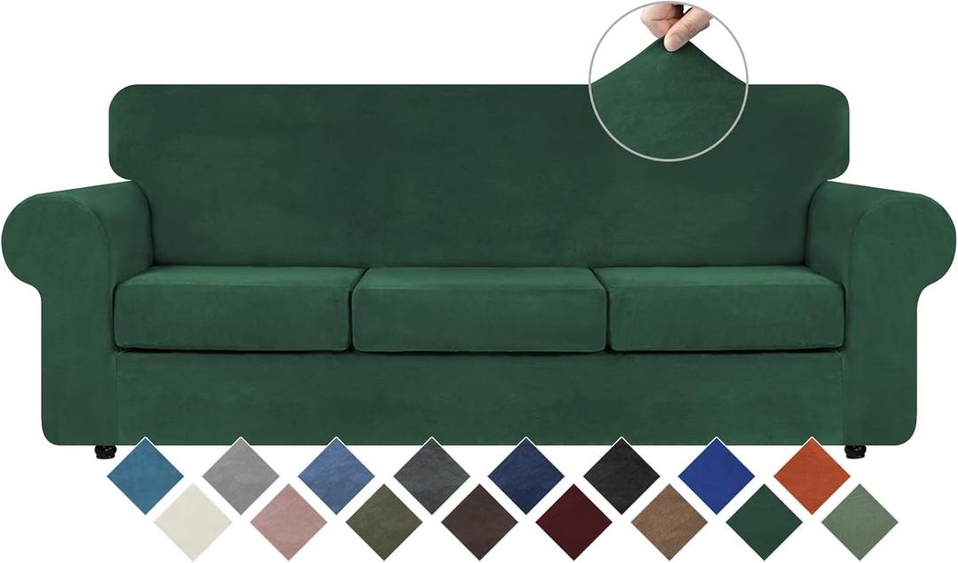 WEERRW 4 Pieces Velvet High Stretch Couch Covers for 3 Cushion Couch Sofa Slipcovers, Washable Furniture Protector with Non Slip Elastic Bottom, Feature Soft Plush Fabric, Emerald Green, Large