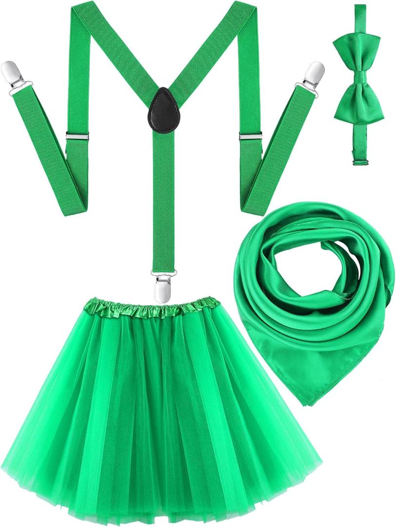 Bencailor 4 Pieces St. Patrick's Day Costume Accessories Set Including Adjustable Clip on Y Shape Suspenders Bow Tie Elastic Layered Tutu Skirt Large Satin Head Scarves for Men Women