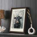 Framed Vintage Farmhouse Cattle Canvas Wall Art Powerful Bull Adorned With Spring Blooms Pictures Wall Decor OAK Wood cow Rustic Farm Animal Poster Print Artwork for Living Room Bedroom Bathroom