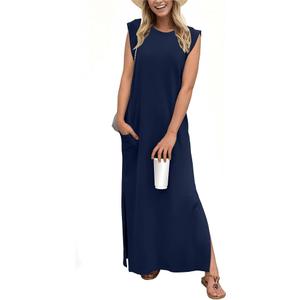 GRECERELLE 2026 Women Year-Round Casual Round Neck Loose Split Wrinkle-Free Long Maxi Vacation Dress with Pockets, Medium